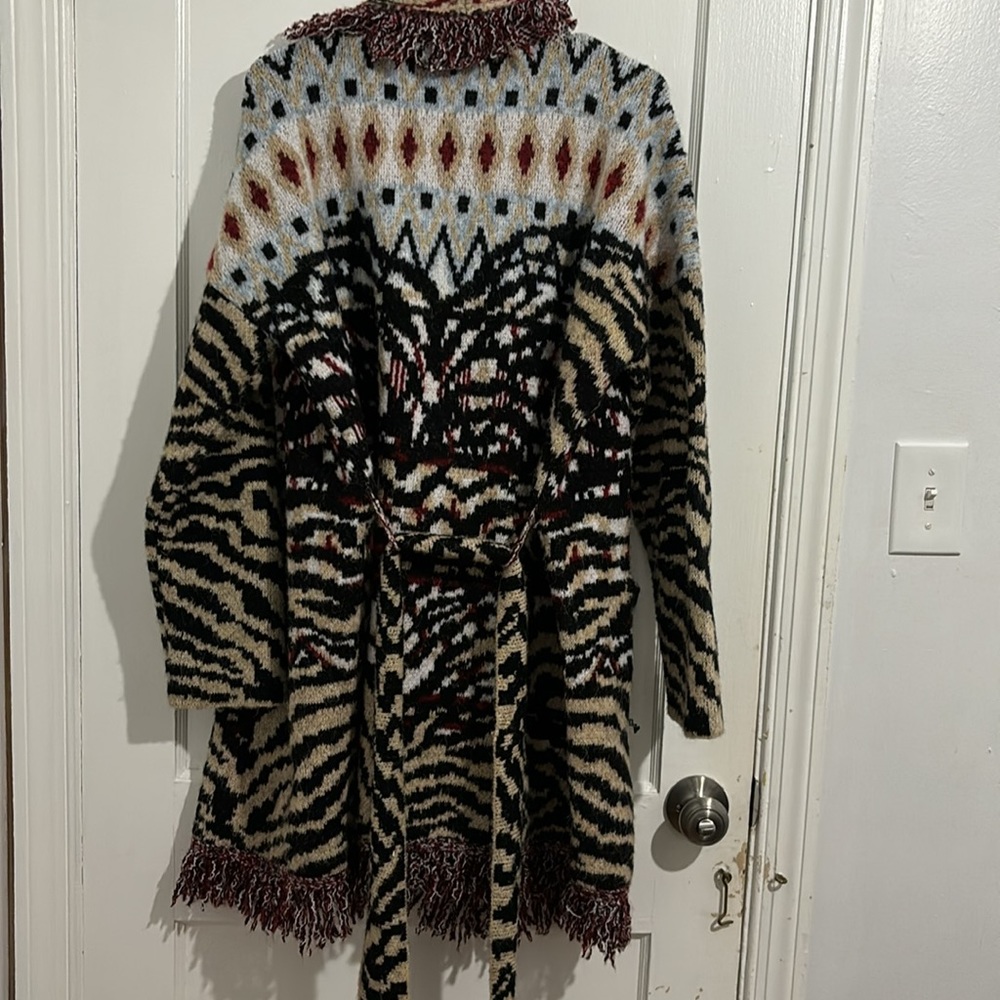 Anthropologie Multii Print Fringed Cardigan Jacket Sweater knee Length Coat 1X - Picture 7 of 8